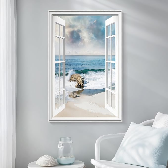 Framed Window Beach Scene Wall Art, Nature Blue Coastal Seascape Vertical - Image 2