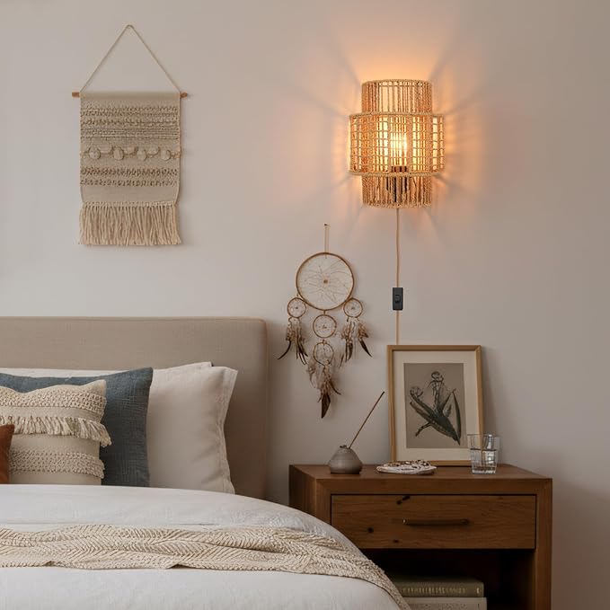 Plug-in Boho Wall Sconces Set of 2, Handwoven Rattan Wall Lights - Image 3