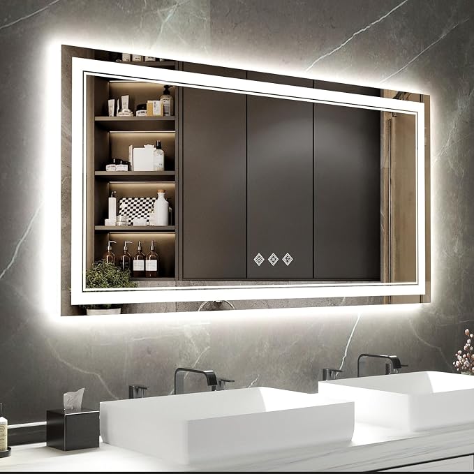 Backlit Bathroom Mirror, 55x30 Inch Gradient Front and Backlit Mirror, 3 Colors by VanPokins-GlobalHighEndLEDBathroomMirrorBrand