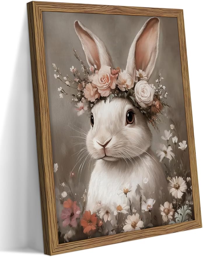 Framed Vintage Easter Bunny Wall Art, Cottage Farmhouse Animal Artwork by Unknown