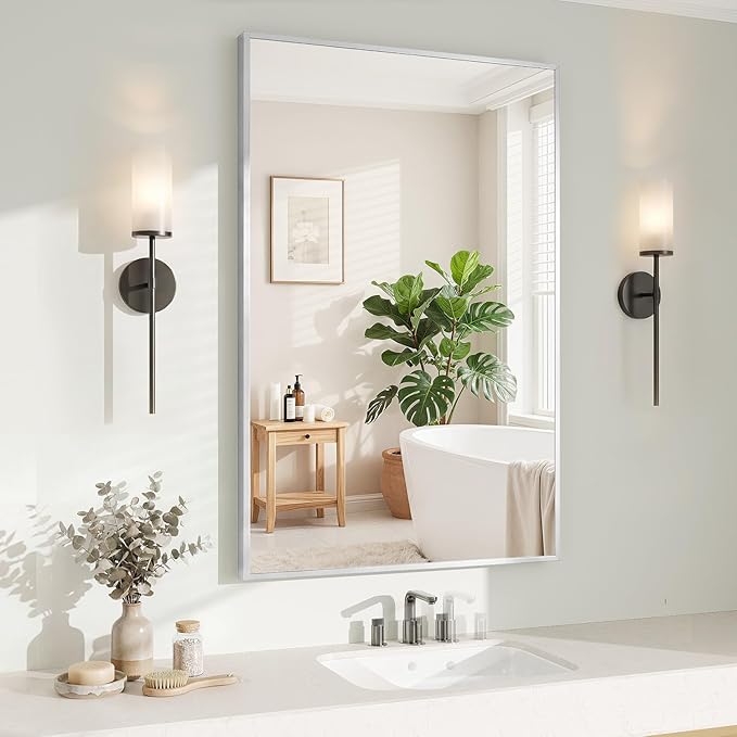 Koonmi Silver Rectangle Wall Mirror, 26x38 Inch Bathroom Mirror, Aluminum Frame by KOONMI