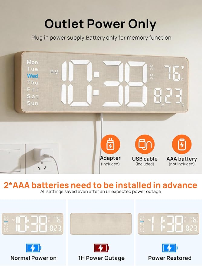 MASHI 2026 Upgrade Digital Wall Clock, Auto-Dimming Wall Clock - Image 7
