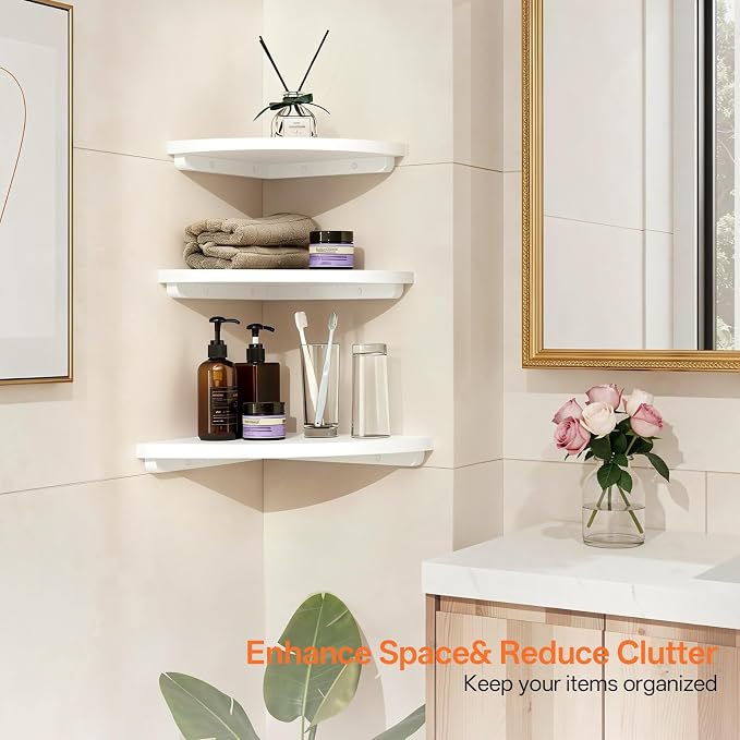 Gieanoo Floating Corner Shelves Set 2 7inch White Solid Oak Rounded Corner - Image 4