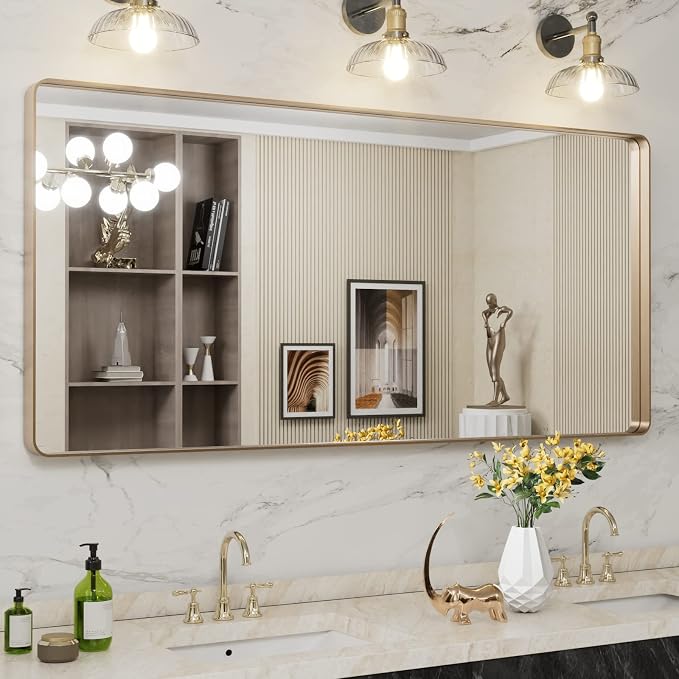 LOAAO 60”X28” Gold Bathroom Mirror, Rounded Rectangle Gold Frame Mirror by LOAAO