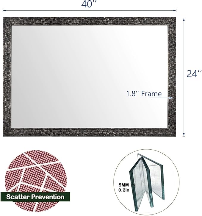 Bathroom Mirrors 40x24 Inch for Wall, Modern Rectangle Black Frame Wall Mounted - Image 3