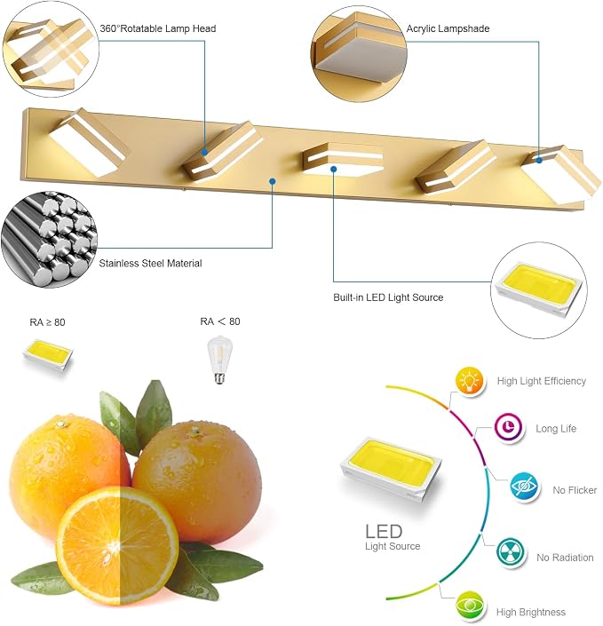 SineRise LED Modern Bathroom Vanity Light Fixtures, Matte Gold Modern Acrylic - Image 2