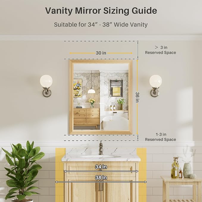 36x30 Inch Bathroom Mirror for Wall, Anti-Rust Oak Wood Grain Metal Framed - Image 2