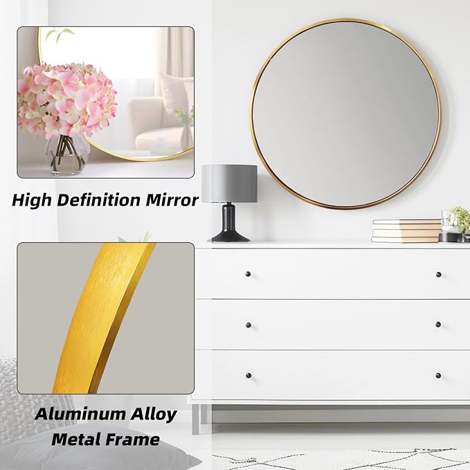 Round Gold Mirror, 30 Inch Circle Gold Mirror, Metal Frame Round Wall Mounted - Image 2