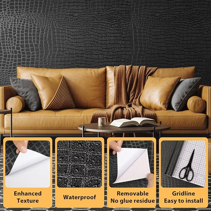 Arthome 17"×120" Black Crocodile Peel and Stick Wallpaper, Charcoal Black - Image 2
