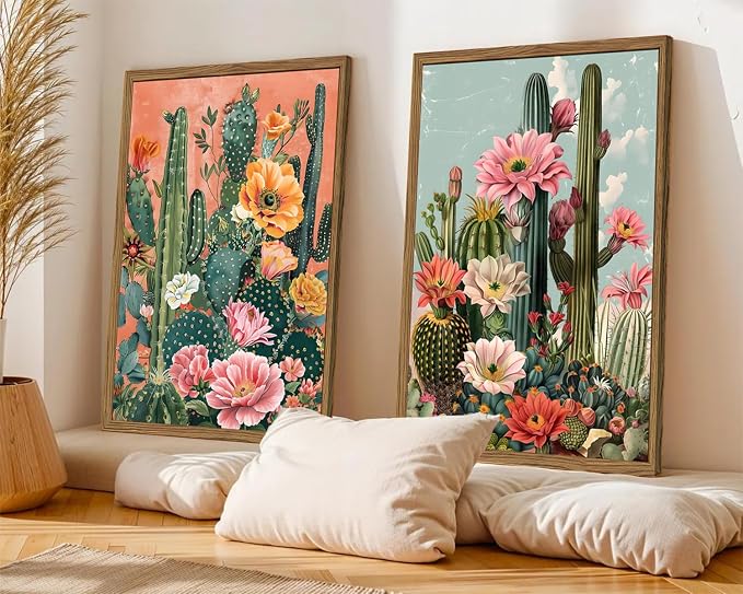 Framed Mexican Cactus Canvas Wall Art Set of 2, Vintage Desert Floral Wall - Image 8