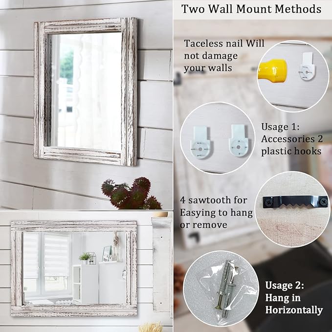AAZZKANG Rustic Wall Mirror Rectangle Wood Framed Mirrors Large 20"x16" - Image 3