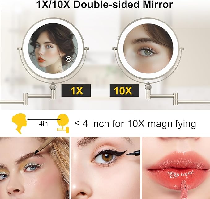 IMIKONA 9" Wall Mounted Lighted Makeup Mirror, 4000mAh Rechargeable Double - Image 3