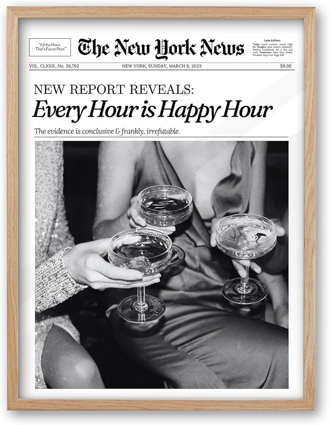 iHery Every Hour is Happy Hour Framed Trendy NewsPaper Wall Art, Natural OAK by iHery