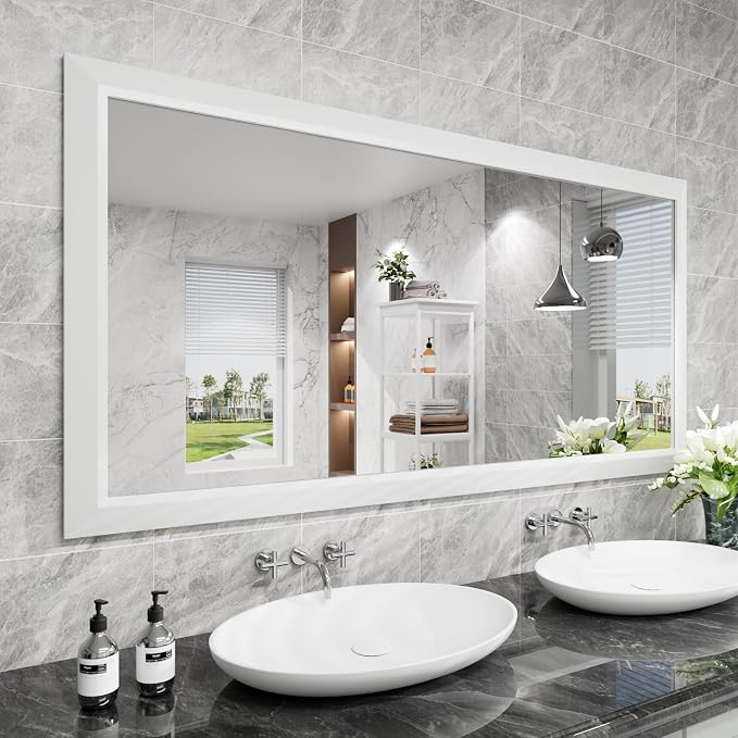 Amorho Bathroom Mirror, 60 X30 Inch White Thick Metal Framed Wall Mirrors by Amorho