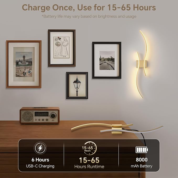 Battery Operated Wall Sconce Set of 2, Dimmable Modern LED Rechargeable Wall - Image 4