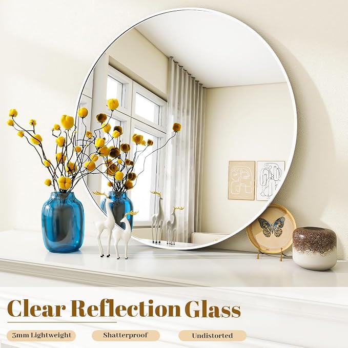 VooBang White Round Bathroom Mirror, 20 inch Circle Mirror, - Image 4