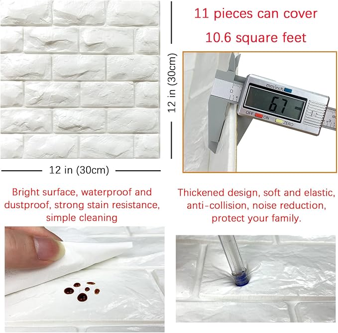 11PCS 3D Wall Panels Peel and Stick Faux Brick Wallpaper White Self Adhesive - Image 5