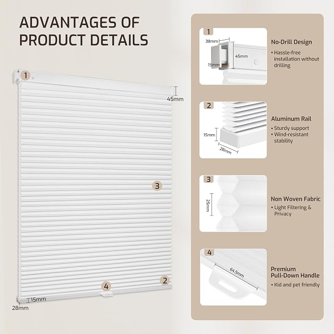 Grandekor No Tools No Drill Cordless Cellular Shades, 33.5" W × 64" H, Light - Image 9