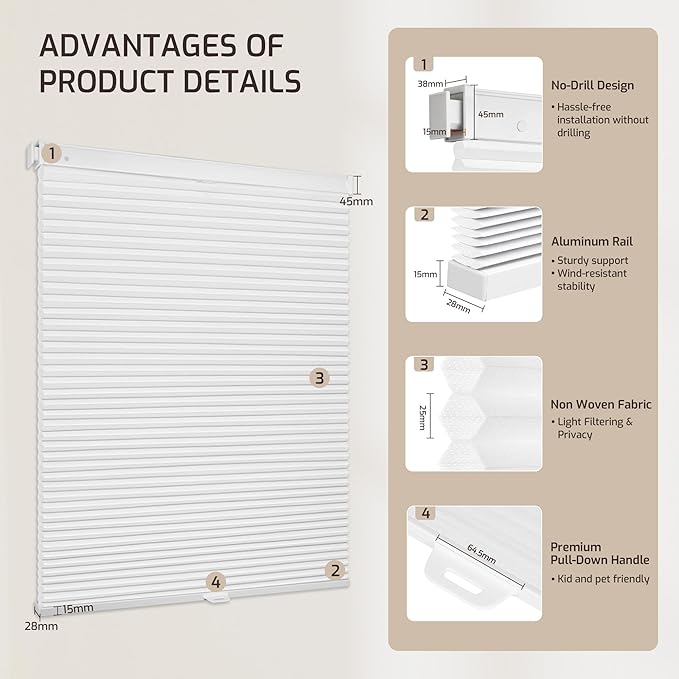 Grandekor No Drill No Tools Cordless Cellular Shades, 31.5" W x 64" H, Light - Image 9