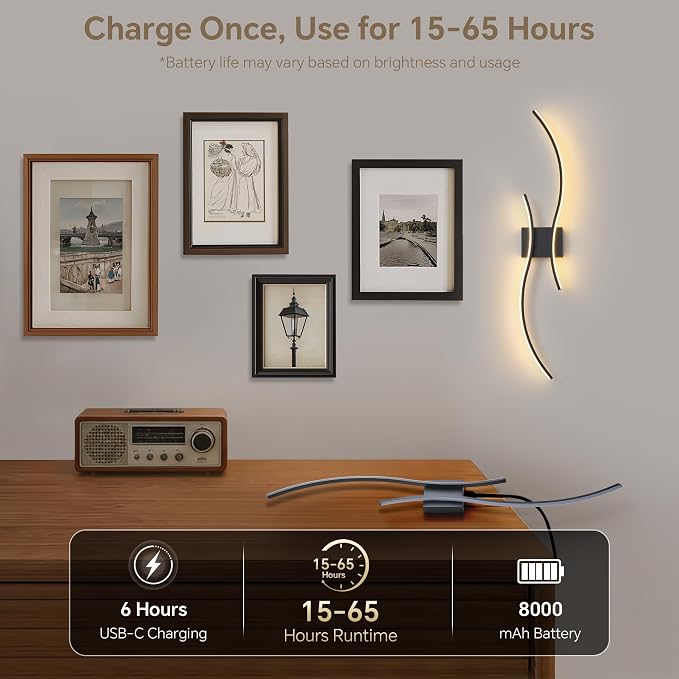 Battery Operated Wall Sconces Set of 2, Dimmable Modern LED Rechargeable Wall - Image 5