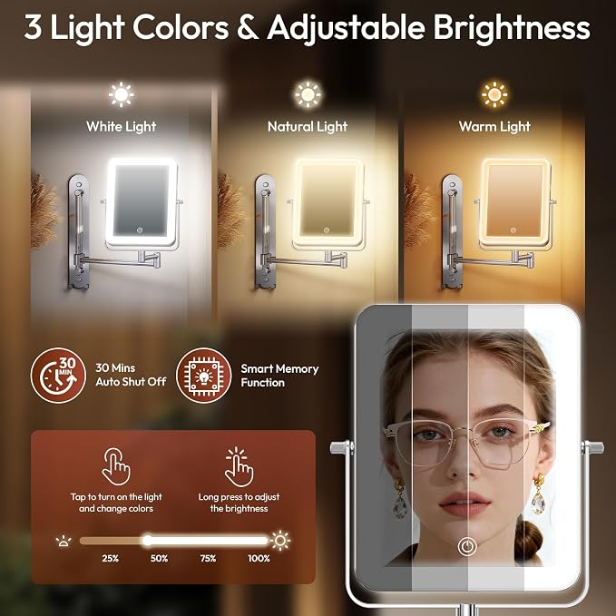 Height Adjustable Wall Mounted Lighted Makeup Mirror - Image 5