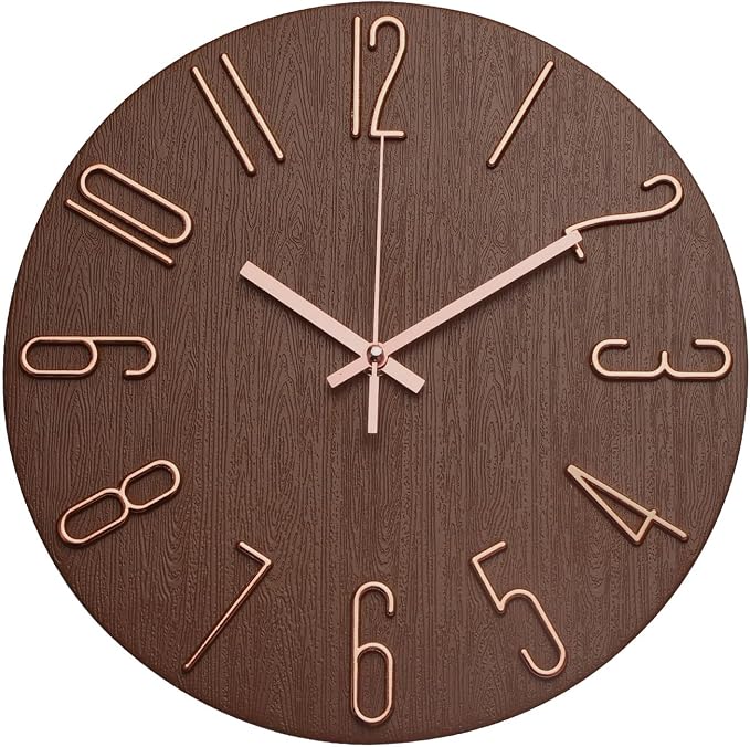 Wall Clock 12 Inch Silent Non-Ticking Imitation Wood Indoor Clock Round Brown by BAKBRAND
