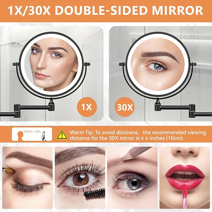 Auxmir 1X/30X Wall Mounted Lighted Makeup Mirror, Touch Dimmable 3 Color Light - Image 2