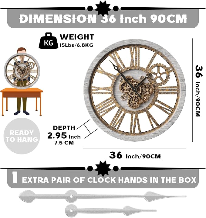 The B-Style Large Wall Clock 24 inch Moving Gear Wall Clock Oversized Vintage - Image 3