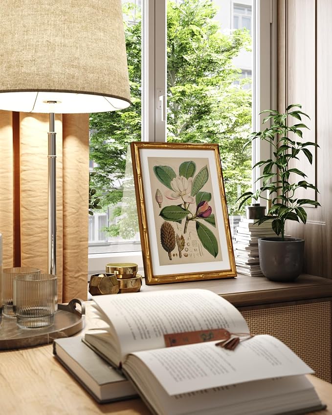 InSimSea Gold Bamboo Framed Canvas Wall Art, Retro Nature Magnolia Botanical - Image 2