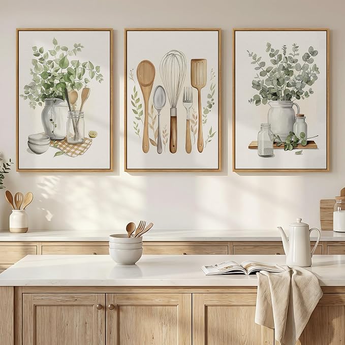 Framed Botanical Wall Art for Kitchen, 3 Piece Modern Farmhouse Sage Green by Cuspin