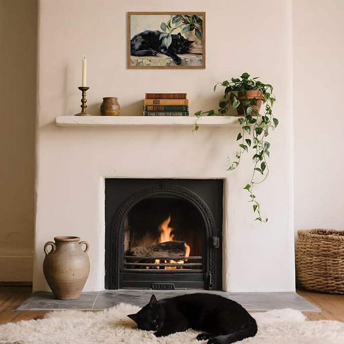 Framed Black Cat Canvas Wall Art, Vintage Sleeping Cat - Image 6