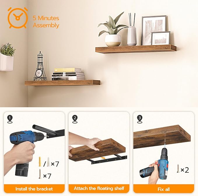HOOBRO Floating Shelves for Wall, Wall Mounted Shelf Set of 2, 23.6" Hanging - Image 7