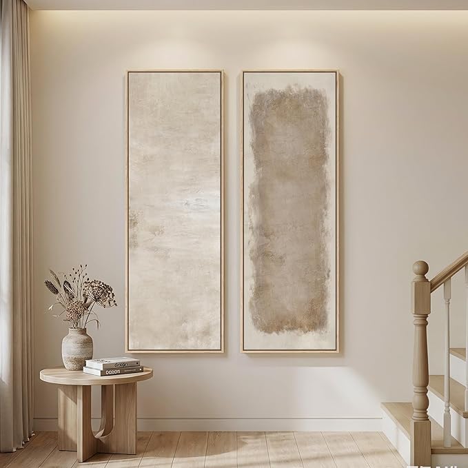 Long Narrow Framed Neutral Abstract Vertical Wall Art, 2 Piece Modern Canvas by Cuspin