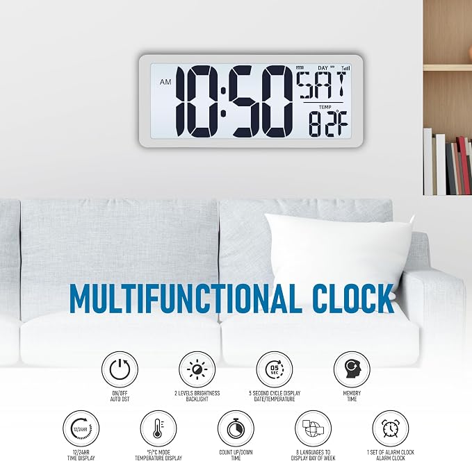 TXL Atomic Clock with Backlight, 14.2" Digital Wall Clock, Battery Operated - Image 2