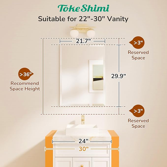 TokeShimi 22x30 Bathroom Vanity Mirror Beveled Rectangle, Frameless Mirror - Image 2