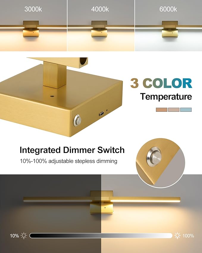 Rayogale 8000mAh Battery Operated Wall Sconce, 3000K/4500K/6000K Dimmable Gold - Image 3