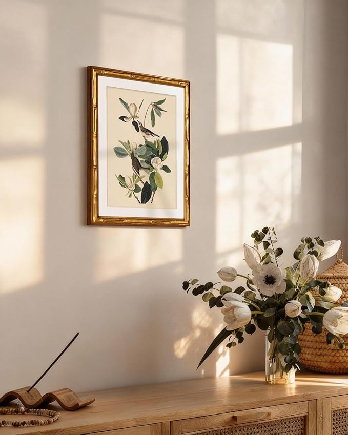InSimSea Gold Bamboo Framed Canvas Wall Art, Neutral Bird Botanical Paintings - Image 7