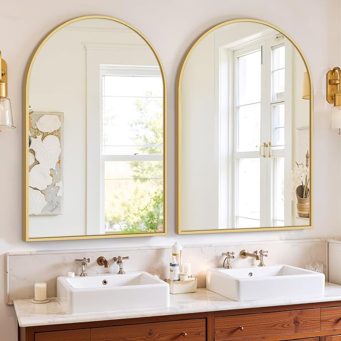 Bathroom Mirror for Wall, 38x26 Inch Arched Mirror, Matte Gold Metal Framed - Image 6