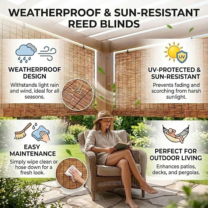 Bamboo Blinds for Patio, Outdoor Bamboo Roll up Shades, Waterproof Cordless - Image 2