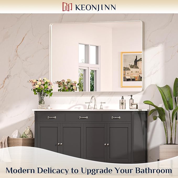 Keonjinn 48 x 36 Brushed Nickel Bathroom Vanity Mirror, Large Rounded Rectangle - Image 2