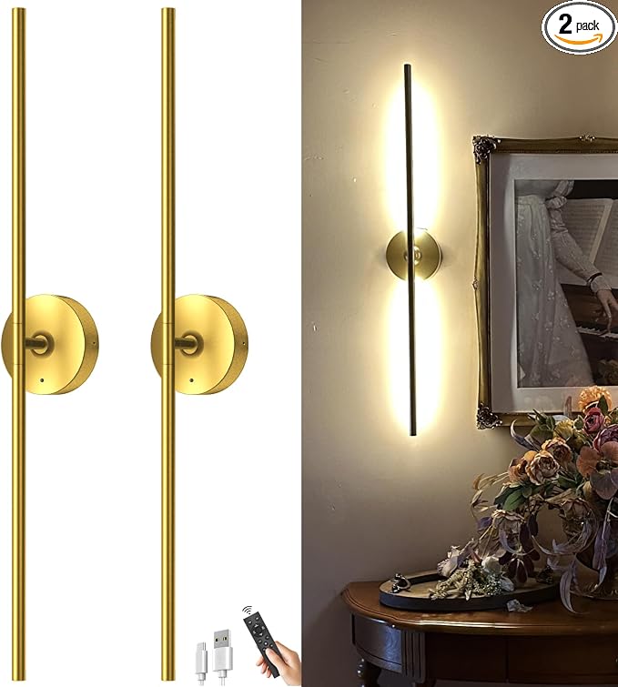 Battery Operated Wall Sconce Set of Two: Gold Wireless Rechargeable Wall Light by iThirdHomeOutdoorLighting