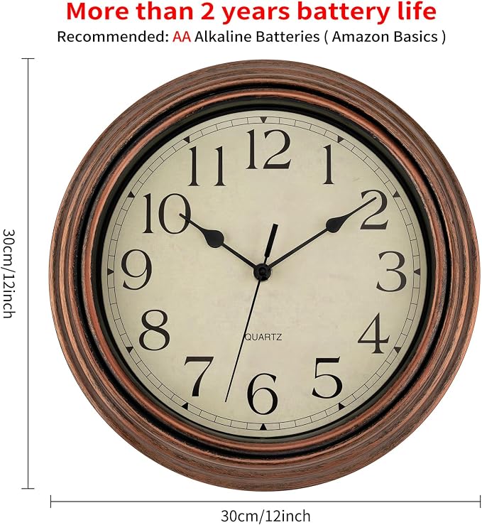Foxtop Vintage Copper Wall Clock 12 Inch Silent Non Ticking Battery Operated - Image 2