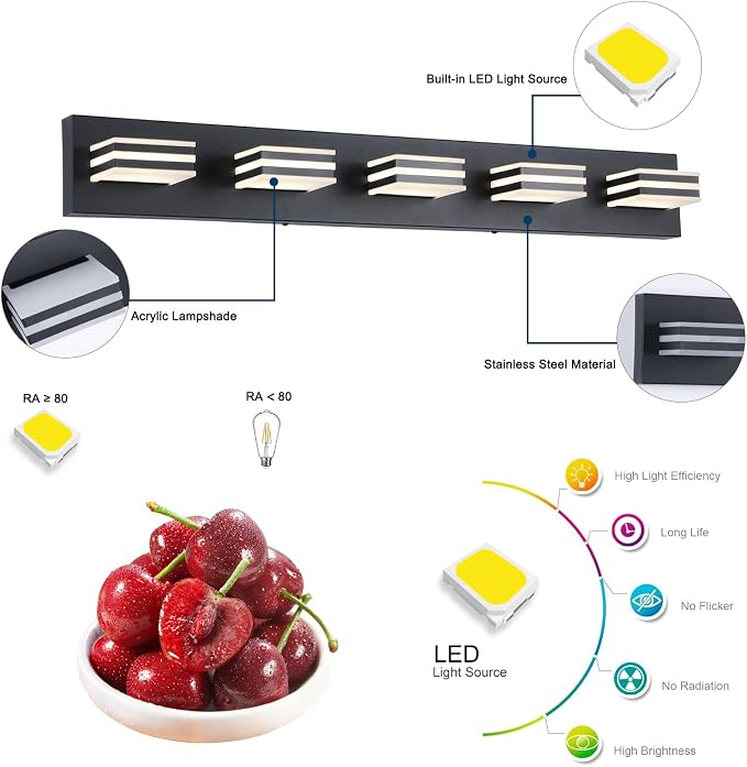 LED Wall Black Vanity Lights for Bathroom Light Fixtures 30W Adjust 3 Colors - Image 2
