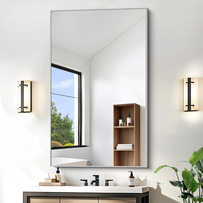 KOCUUY Silver Bathroom Mirror, HD Tempered Glass, Anti-Rust Brushed Silver Frame by KOCUUY