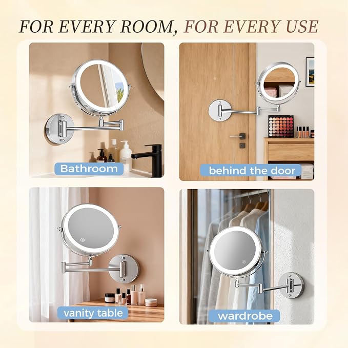 Rocollos Rechargeable Wall Mounted Lighted Makeup Mirror Chrome, 8 Inch - Image 6