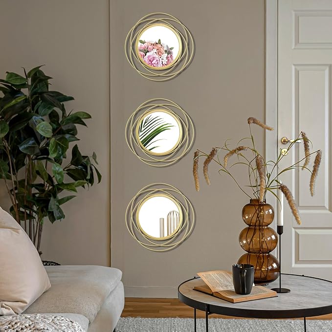 3 Set 9.5 Inch Gold Circle Mirrors Wall Decor Iron Frame Wire Mirror Metal - Image 5