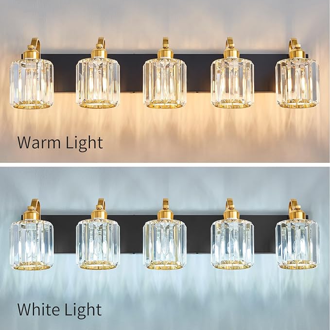 Black Gold Crystal Vanity Light Over Mirror 5 Lights Bathroom Wall Lighting - Image 7