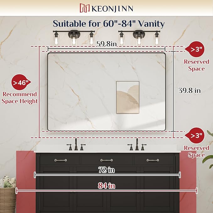 Keonjinn Black Bathroom Mirror for Over Sink, 60 x 40 Inch Large Rounded - Image 6