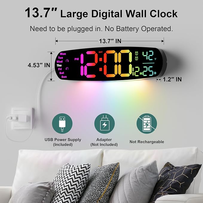 ANALOI Digital Wall Clock, 14.4 Inch Large Display Digital Wall Clock - Image 2