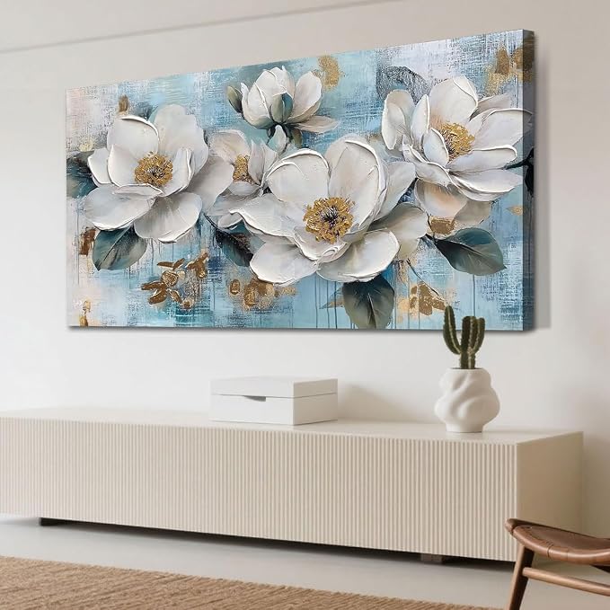 Ardemy Flower Wall Art for Living Room White Floral Canvas Art Wall Decor - Image 5